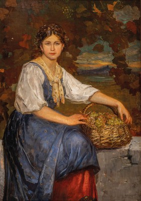 August Croissant, 1870 Edenkoben-1941 Landau, großformatiges Werk: Junge Frau mit Korb voller Trauben, unter Weinreben sitzend, im Hintergrund ...