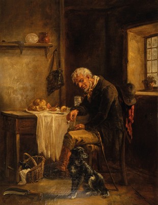 John Joseph Barker of Bath, 1824-1904, Kücheninterieur, bärtiger Mann mit Hund und Tabakpfeife am gedeckten Tisch, Öl/Lwd, links unten signiert, ...