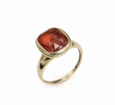 14 kt Gold Feueropal-Ring, GG 585/000, schlichte Gestaltung, facett. Feueropal, RW 60, ca. 5.4 g