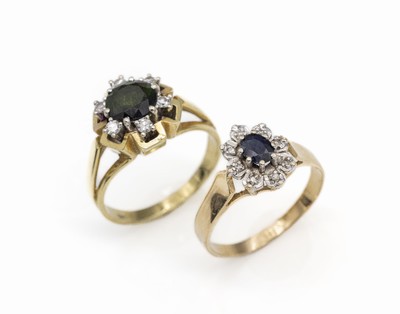 Konvolut 2 14 kt Gold Saphir-Diamant-Ringe, GG 585/000, 1 x mittig kl. ovalfacett. Saphir umgeben von 8 kl. 8/8-Diamanten, RW 57,und 1 x mittig ...