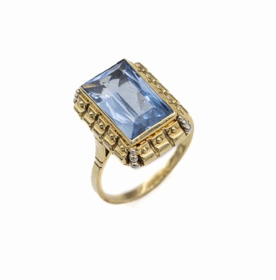 14 kt Gold Farbstein-Ring, GG 585/000, synth. aquamarinfarb. Spinell, RW 59, ca. 6.6 g