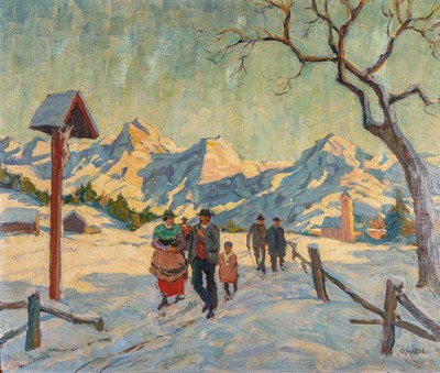 Otto Weil, 1884 Friedrichsthal-1929 Saarbrücken, Kirchgang in den verschneiten Alpen, Öl/Holz, rechts unten signiert, ca. 59x69cm, R. ca. 70x80cm