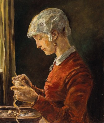 Zuschreibung: Otto Weil, 1884 Friedrichsthal -1929 Saarbrücken, Junge Frau beim Kartoffelschälen, Öl/Holz, unsigniert, ca. 60x50cm, R. ca. 80x70cm