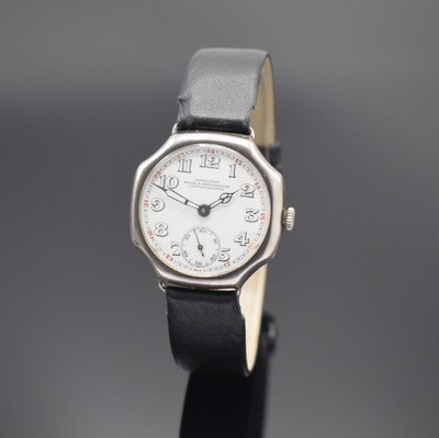 LONGINES frühe Armbanduhr in Silber, Schweiz um 1929, Handaufzug, 8-eck. Geh., Boden & Glasrand aufgedr., Emailzifferbl. riss., arab. ...