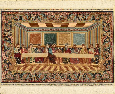 Hereke Seide fein(13 x 13), "Das letzte Abendmahl, signiert Özipek, Türkei, ca. 50 Jahre, reine Naturseide, ca. 75 x 50cm, ca. 1.7 Mio.Kn/qm, ...