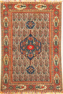 Sehr feiner Senneh"Haft Rang", antik, Persien, 19.Jhd, Wolle auf Multicolor Seiden Fransen & Kettfäden, ca. 200 x 138 cm, EHZ: 1, nahezu ...