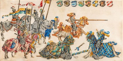 Zwei Gouachemalereien, deutsch, um 1900, nach dem Vorbild des 14. Jh., kämpfende Ritter, Gouache auf Pergament, eines leicht besch., je ca. 38x75cm, ...