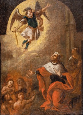 Unbekannter Maler, deutsch, um 1830-40, Der Erzengel Michael steigt vom Himmel, Öl/Lwd, ca. 33x24cm, R. ca. 44x35cm