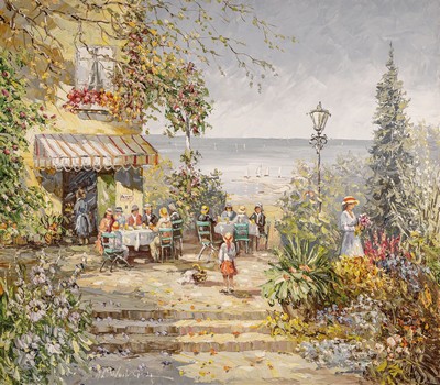 August Alexander Wendehals, 1934-2003 Ossendorf, Studium bei Prof. Bayer, hier: Gartencafé, Öl/Lwd, links unten signiert, ca. 70x80cm, R. ca. ...