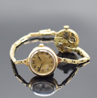 Frühe Damenarmbanduhr in GG 585/000, Deutschland um 1915, Quartzwerk auf Kundenwunsch später, Gliederband, gold. Zifferbl. m. arab. Zahlen, schwarz ...
