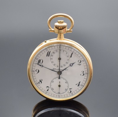 Hy. MOSER & Cie Taschenchronograph in RoseG 585/000, Schweiz um 1910, Strahlen-guill. 2 -Deckel Goldgeh., gerippter Rand, Emailzifferbl. riss. m. ...