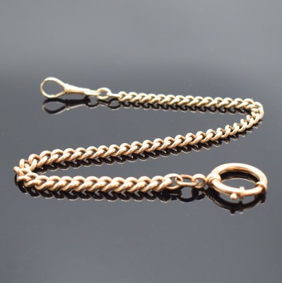 Rotgold 585/000 schwere Taschenuhrkette, um 1900, schöner Verlauf im Rundpanzer-Design, Karabiner & Federring, eine Öse ers., L. ca. 29 cm, ...