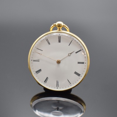 PERUSSET Eleve de Breguet offene Taschenuhr mit Duplexhemmung in GG 750/000, Schweiz um 1850, Schlüsselaufzug, flaches 2-Deckel Goldgehäuse mit ...