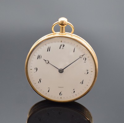 LE ROY offene 1/4 Repetition Taschenuhr in RG 750/000, Frankreich um 1820, strahlen guill. Geh. m. gerippten Rand, rücks. Monogramm (Email besch.), ...