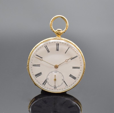 LEBET offene Taschenuhr mit Duplexhemmung in GG 750/000, Schweiz um 1840, tief graviertes 2-Deckel Goldgeh., sign. Cuv., Emailzifferbl. m. röm. ...