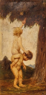 Unbekannter Künstler, Münchner Schule, um 1900, zwei Kinder beim Birnen pflücken, Öl/Hartfaser, kleinere Farbfehlstellen durch ehemalige Rahmung, ...