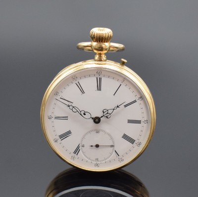 PATECK & CIE offene Taschenuhr in GG 750/000, Schweiz um 1870, guill. Geh. dell., Emailzifferbl. riss., kl. Sek. bei 6, feine, gebl. Zeiger, ...