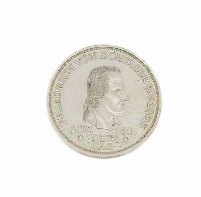 Silbermünze 5 Mark, Deutschland 1955, Friedrich von Schiller 9.V.1955, zum 150. Todestag
