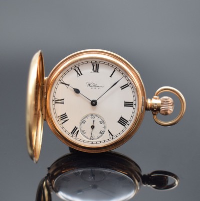 WALTHAM Savonette Herrentaschenuhr in RG 375/000, USA / England um 1930, glattes Dennison 3-Deckel Goldgeh., 2-teil. Emailzifferbl. m. röm. Zahlen, ...