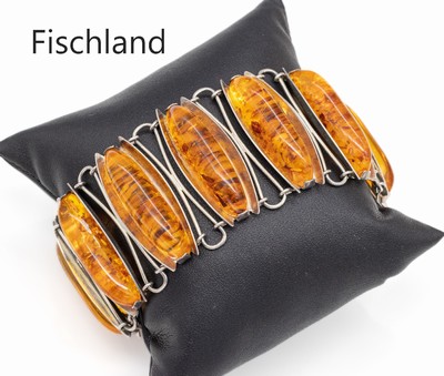FISCHLAND Polibernstein-Armband, 835er Silber, 1930er Jahre, 10 Glieder mit länglichen Bernsteinen, B. ca. 4 cm, L. ca. 20cm, doppelte ...