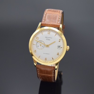 ZENITH Elite Herrenarmbanduhr in GG 750/000 Referenz 30.0125.680, Schweiz um 1995, Automatik, beids. vergl. Geh., Boden aufgedr., orig. Lederband m. ...