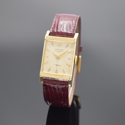 Longines Armbanduhr in GG 585/000, Schweiz/USA um 1950, Handaufzug, Boden aufgedr., silb. Zifferbl. altersb. pat./fl., gold. Std.-Ind. & Zeiger, kl. ...