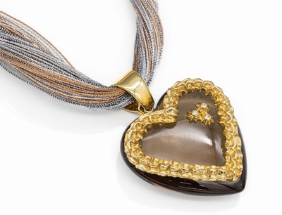 18 kt Gold Rauchquarz-Brillant-Clipanhänger, "Lebkuchenherz mit Zuckergussrand", GG 750/000, Herz aus Rauchquarz mit aufgelegter ...