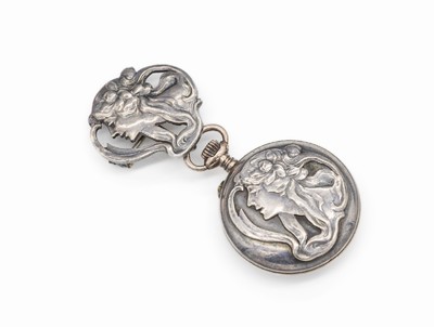 Jugendstil Damentaschenuhr, Silber, um 1900, mit dazugehöriger Brosche, Fkt. nicht überprüft, typ. Jugendstilmotiv