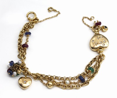 14 kt Gold Farbstein-Armband, GG 585/000, Rubine, Saphire und Smaragde zus. ca. 2.00 ct,Herze mit Brillanten zus. ca. 0.10 ct Weiß/vs-si, ...