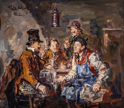 Rudolf Wolf, 1877 Leipzig-1940 München, Wirtshaus Interieur, vier Herren am Stammtisch, Öl/Karton, links oben signiert, Rahmen, 82x90 cm
