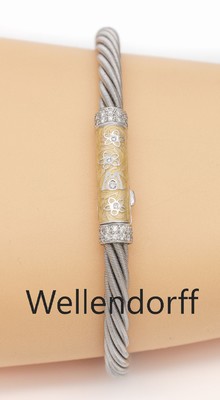 18 kt Gold WELLENDORFF Brillant-Email-Armband,'Seidenschimmer', WG 750/000, cremefarb. Email, Goldverzierungen, typ. W und Blüten ...
