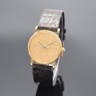 CORUM 10 Dollar 1893 seltene Damenarmbanduhr sog. Coinwatch, Schweiz um 1985, quarz, Gehäuse in GG 750/000, aufgedr. Boden dell., gebl. Zeiger, ...