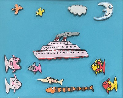James Rizzi, 1950-2011, 12 Magnete in maritimem Kontext, in Künstlerrahmen gefasst, magneten unsigniert u. verschieden groß, Rahmen 52x60 cm