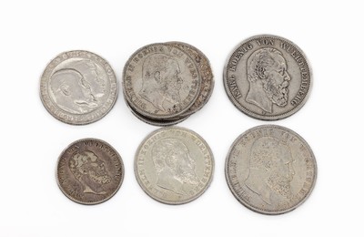 Konvolut 9 Silbermünzen, Deutsches Reich, 2 Mark:1 x Karl König v. Württemberg 1877, 3 Mark: 5 x Wilhelm II König v. Württemberg (1908, 1909, 3 ...