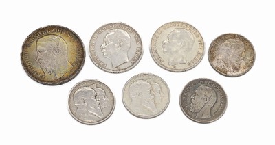 Konvolut 7 Silbermünzen, Deutsches Reich, 2 Mark: 2 x Friedrich Großherzog v. Baden (1876, 1902), 2 x Friedrich & Luise v. Baden 1906, 3 Mark: 2 x ...