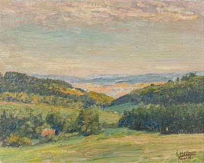 Julius Hellner, 1877 Wiesbaden-1942, Studium an der Akademie Kassel, Blick wohl über oberhessische Landschaft, rechts unten signiert, Öl/Malplatte, ...