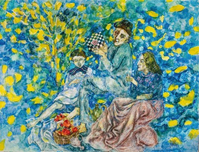 Hanno Edelmann, 1923-2013 Hamburg, Studium in Hamburg, unternahm zahlreiche Studienreisen, hier: Familie im Garten, auf dem Keilrahmen bez.: ...