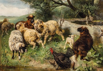 Max Ludwig Lebling, 1851 Leipzig-1930, Truthenne mit Küken vertreibt Schafe von der Tränke, Öl/Lwd, links unten signiert und dat. 1885, ca. ...