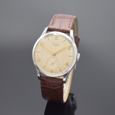 LONGINES Herrenarmbanduhr Referenz 6273-2, Handaufzug, Schweiz um 1953, 3-teil. Stahlgeh., Boden & Glasrand aufgedr., silb. Zifferbl. altersbed. ...