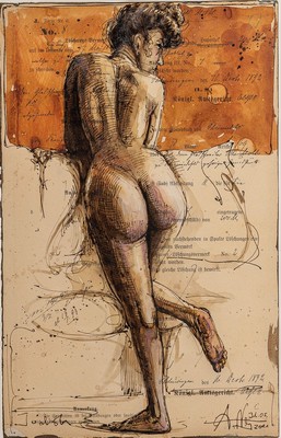 Andreas Noßmann, geb. 1962, "Judith", Mischtechnik: Federzeichnung, Aquarell/ Farbstift auf Papier, stehender Frauenakt von hinten, re. u. ...