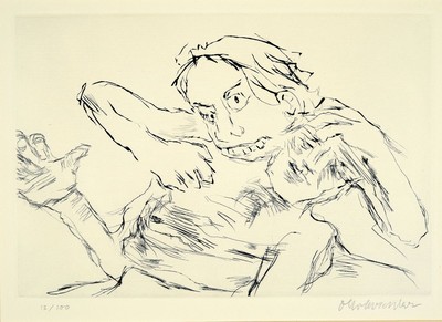 Oskar Kokoschka, 1886 - 1980, Kaltnadelradierung auf handgeschöpftem Auvergne-Bütten, Titel: Penthesilea zerfleischt den gefallenen Achill ( aus ...