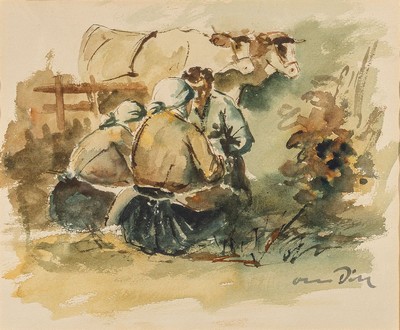 Otto Dill, 1884 Neustadt-1957 Bad Dürkheim, rastende Bauern, Aquarell auf Papier, re. unten signiert, aus den 1930er Jahren, PP-Ausschnitt ca. 36 x ...