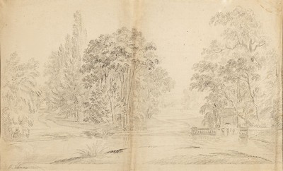 Michael Neher, 1798 München - 1876, deutscher Biedermeiermaler, bekannt für seine Kostümstücke und Landschaften, hier Schloßparkansicht, ...