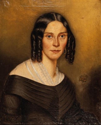 Biedermeiermaler, deutsch, um 1840, zwei Porträts, Dame im dunklen Kleid mit Spitzeneinsatz und Herr in dunkler Kleidung mit Anstecknadel, Öl/Lwd, ...
