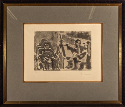 Picasso, Pablo, 1881 - 1973, Aquatinta und Kaltnadelradierung auf Richard deBas Papier, "Peintre avec modéle barbu assisune chaise", 1963, ...