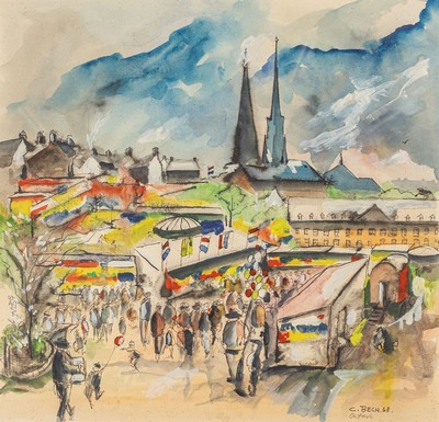 Charles Bech, 1919-2000, luxemburger Künstler, Aquarell auf Papier, Jahrmarkttreiben in Luxemburg, rechts unten signiert und datiert 1968, unter PP ...