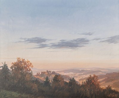Helmut Spannaus, süddeutscher Maler, verstorben 2002, Sonnenuntergangslandschaft wohl im Odenwald, rechts unten signiert u. datiert 1990, Öl/Lwd, ...