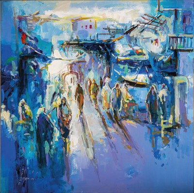 Abbas al Mosawi, geb. 1952, Souk-Szene, Acryl/Lwd, signiert und dat. 2020, Abbas Al-Mosawi zählt zu de bekanntesten zeitgenössischen Künstlern des ...