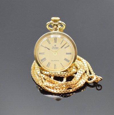 STOWA kleine, offene Damentaschenuhr in GG 585/000 an GG 585/000 Kette, Deutschland / Schweiz um 1994, quarz, Boden mit Widmungsgravur aufgedr., ...