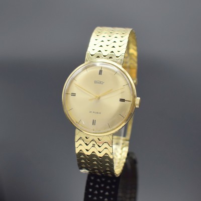 ROXY Armbanduhr in GG 585/000, Handaufzug, Schweiz um 1965, Boden aufgedr., Goldband an der Schließe m. Monogramm BK, champagnerfarb. Zifferbl., ...